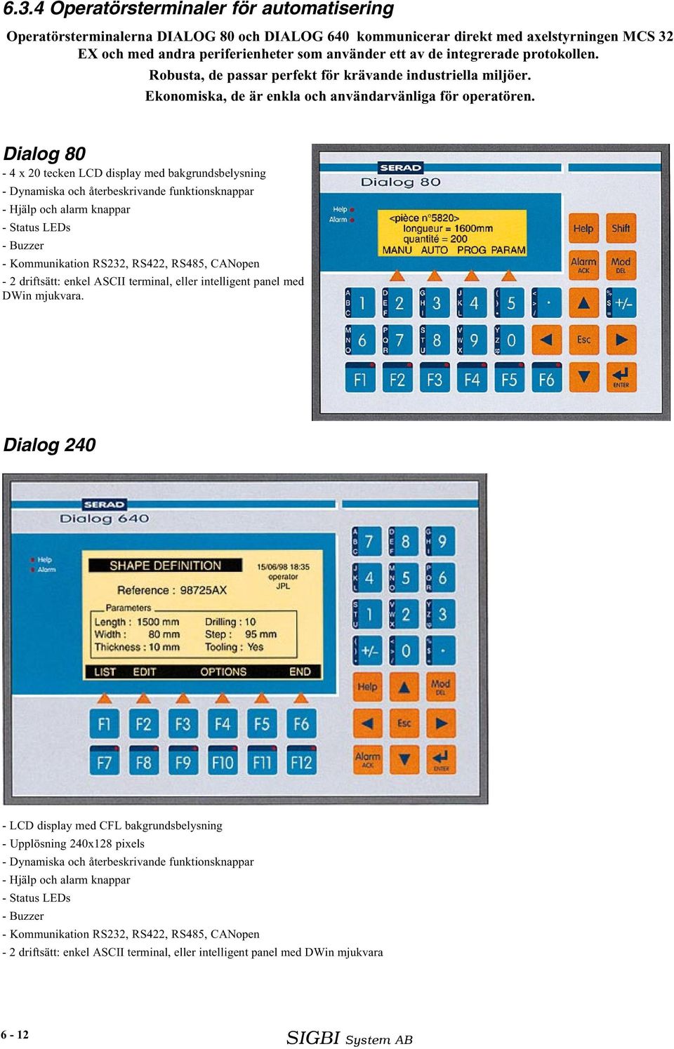 Dialog 80-4 x 20 tecken LCD display med bakgrundsbelysning - Dynamiska och återbeskrivande funktionsknappar - Hjälp och alarm knappar - Status LEDs - Buzzer - Kommunikation RS232, RS422, RS485,