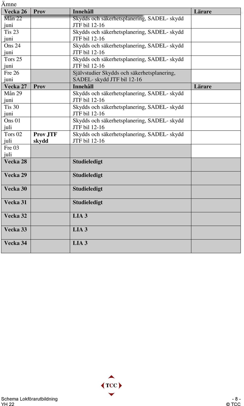 02 Prov JTF juli skydd Fre 03 juli Vecka 28 Studieledigt Vecka 29 Vecka 30 Vecka 31