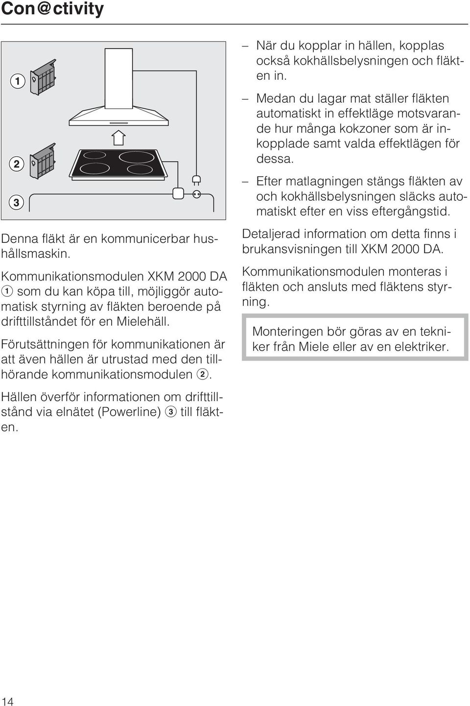 Förutsättningen för kommunikationen är att även hällen är utrustad med den tillhörande kommunikationsmodulen. Hällen överför informationen om drifttillstånd via elnätet (Powerline) till fläkten.