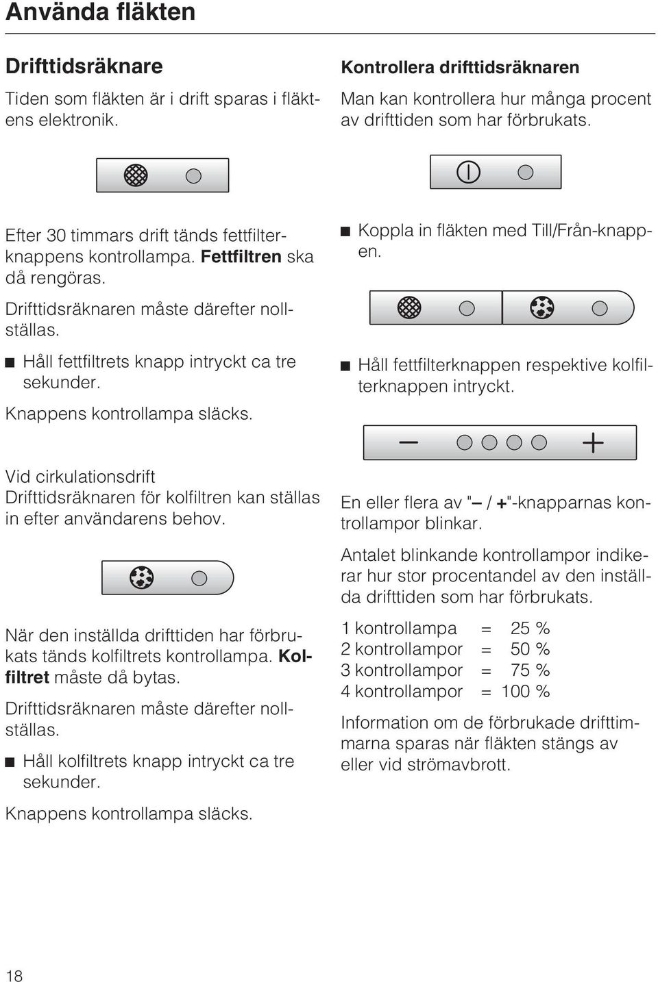 Knappens kontrollampa släcks. Koppla in fläkten med Till/Från-knappen. Håll fettfilterknappen respektive kolfilterknappen intryckt.