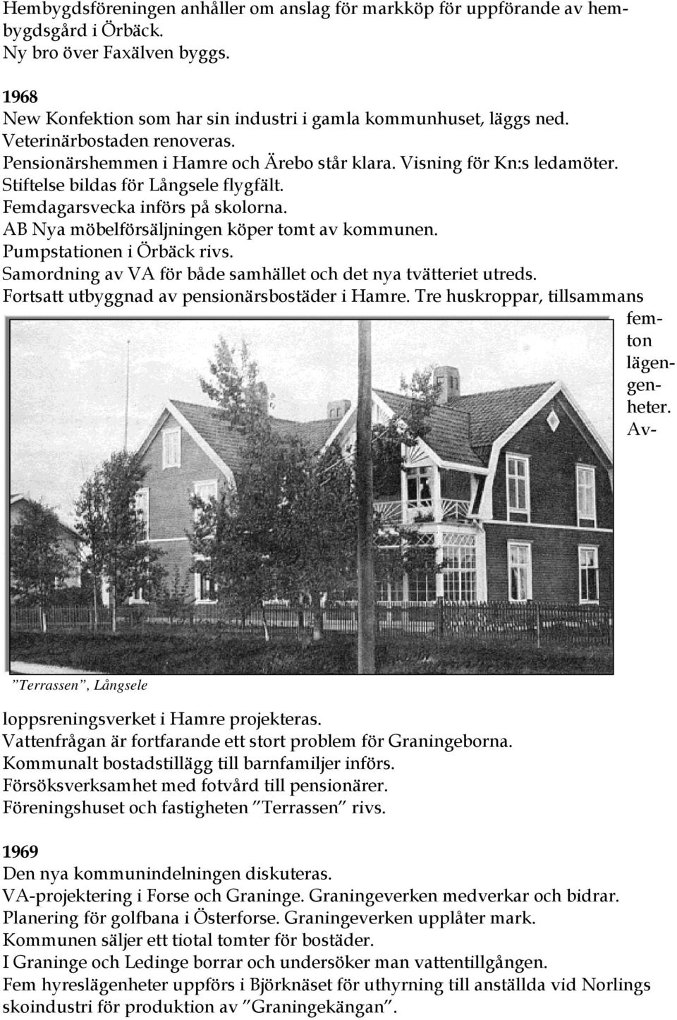 Stiftelse bildas för Långsele flygfält. Femdagarsvecka införs på skolorna. AB Nya möbelförsäljningen köper tomt av kommunen. Pumpstationen i Örbäck rivs.