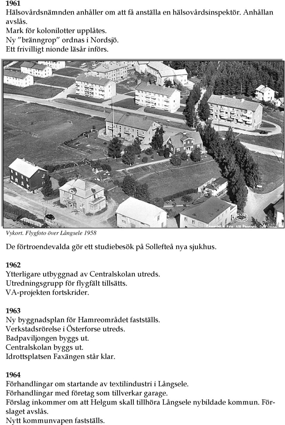 VA-projekten fortskrider. 1963 Ny byggnadsplan för Hamreområdet fastställs. Verkstadsrörelse i Österforse utreds. Badpaviljongen byggs ut. Centralskolan byggs ut. Idrottsplatsen Faxängen står klar.