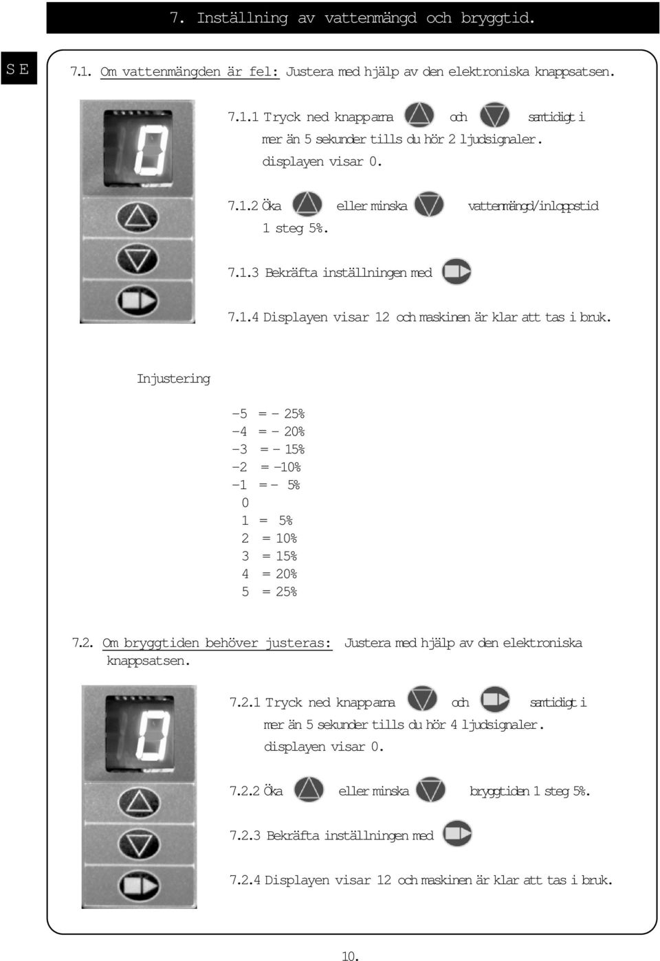 Injustering -5 = - 25% -4 = - 20% -3 = - 15% -2 = -10% -1 = - 5% 0 1 = 5% 2 = 10% 3 = 15% 4 = 20% 5 = 25% 7.2. Om bryggtiden behöver justeras: Justera med hjälp av den elektroniska knappsatsen. 7.2.1 Tryck ned knapparna och samtidigti mer än 5 sekunder tills du hör 4 ljudsignaler.