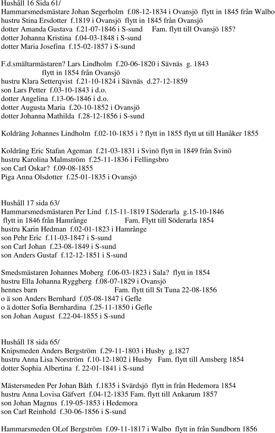 1843 flytt in 1854 från Ovansjö hustru Klara Setterqvist f.21-10-1824 i Sävnäs d.27-12-1859 son Lars Petter f.03-10-1843 i d.o. dotter Angelina f.13-06-1846 i d.o. dotter Augusta Maria f.