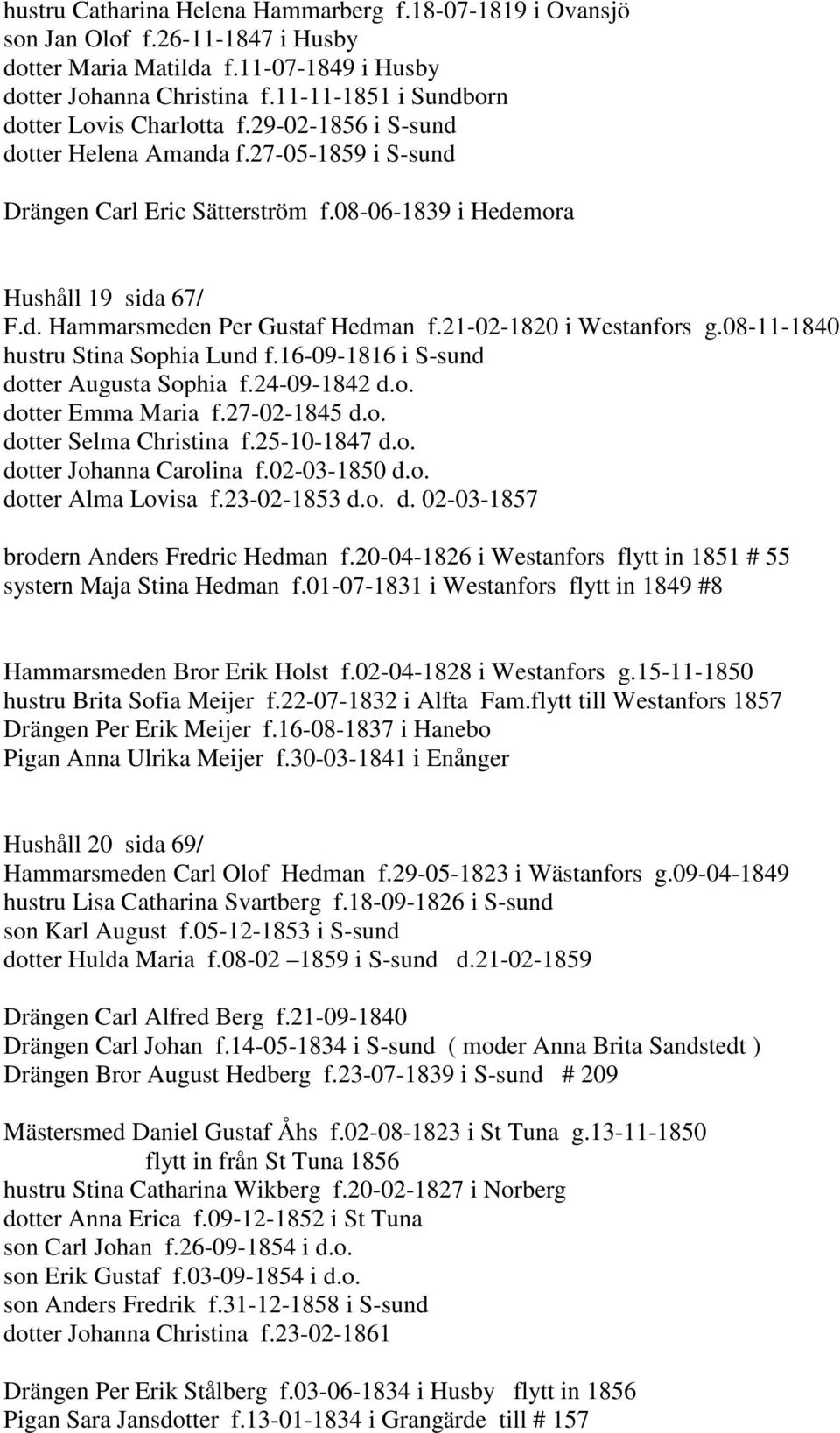 21-02-1820 i Westanfors g.08-11-1840 hustru Stina Sophia Lund f.16-09-1816 i S-sund dotter Augusta Sophia f.24-09-1842 d.o. dotter Emma Maria f.27-02-1845 d.o. dotter Selma Christina f.25-10-1847 d.o. dotter Johanna Carolina f.