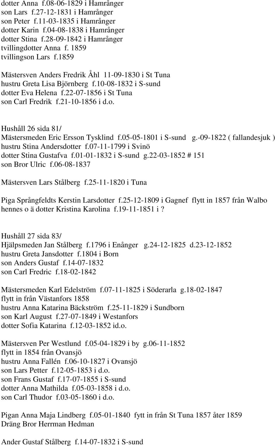 22-07-1856 i St Tuna son Carl Fredrik f.21-10-1856 i d.o. Hushåll 26 sida 81/ Mästersmeden Eric Ersson Tysklind f.05-05-1801 i S-sund g.-09-1822 ( fallandesjuk ) hustru Stina Andersdotter f.