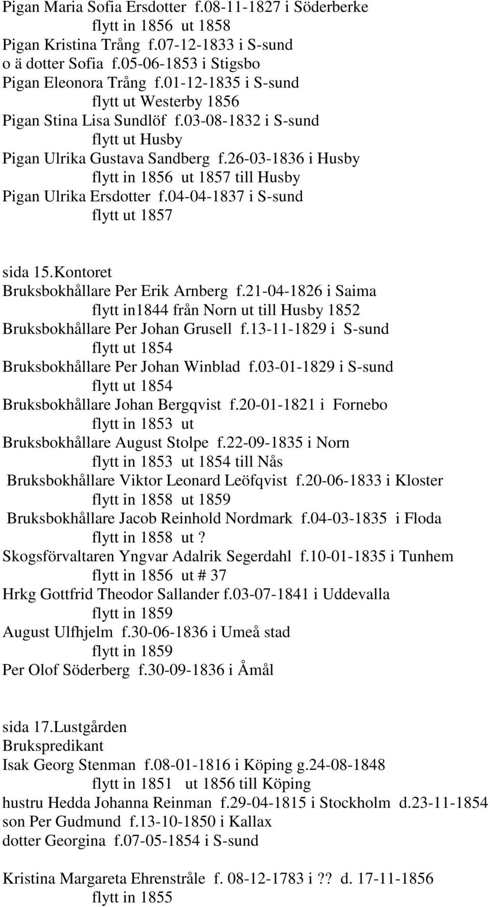 26-03-1836 i Husby flytt in 1856 ut 1857 till Husby Pigan Ulrika Ersdotter f.04-04-1837 i S-sund flytt ut 1857 sida 15.Kontoret Bruksbokhållare Per Erik Arnberg f.