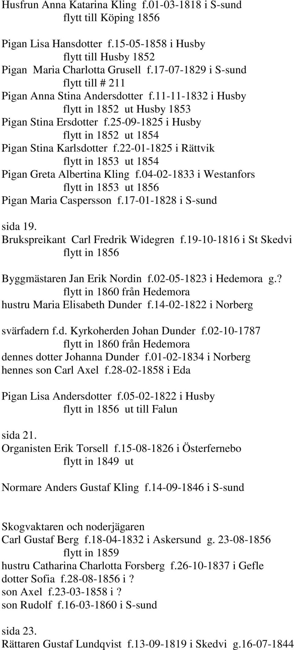 25-09-1825 i Husby flytt in 1852 ut 1854 Pigan Stina Karlsdotter f.22-01-1825 i Rättvik flytt in 1853 ut 1854 Pigan Greta Albertina Kling f.