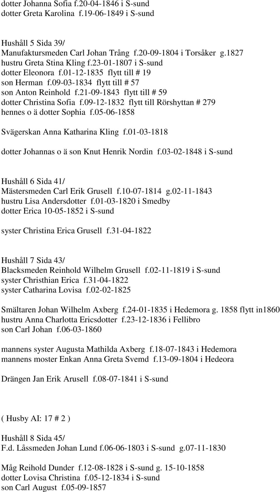 09-12-1832 flytt till Rörshyttan # 279 hennes o ä dotter Sophia f.05-06-1858 Svägerskan Anna Katharina Kling f.01-03-1818 dotter Johannas o ä son Knut Henrik Nordin f.