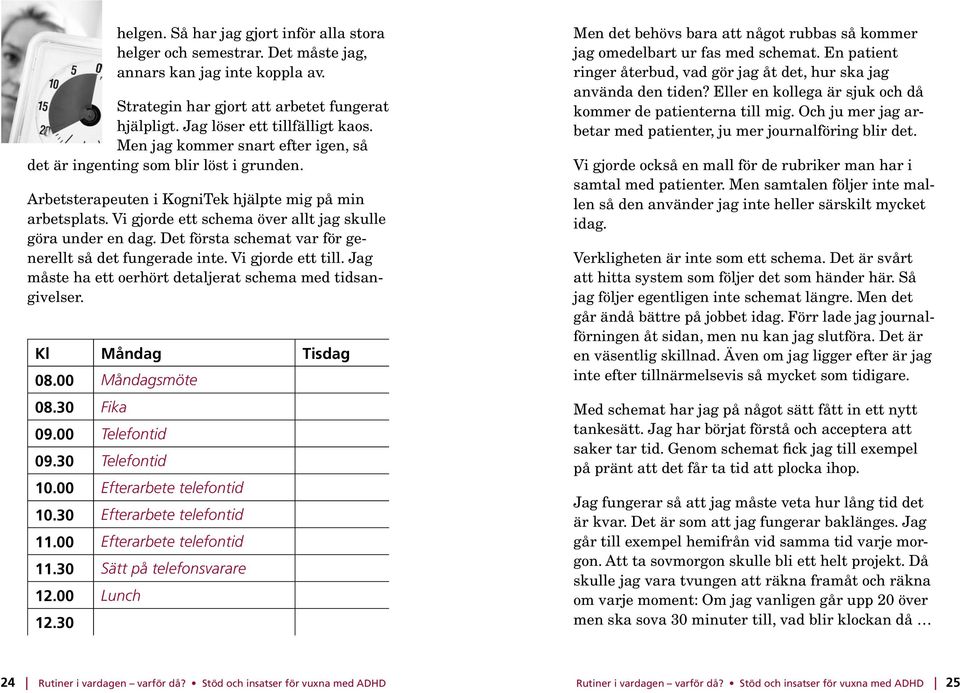 Det första schemat var för generellt så det fungerade inte. Vi gjorde ett till. Jag måste ha ett oerhört detaljerat schema med tidsangivelser. Kl Måndag Tisdag 08.00 Måndagsmöte 08.30 Fika 09.