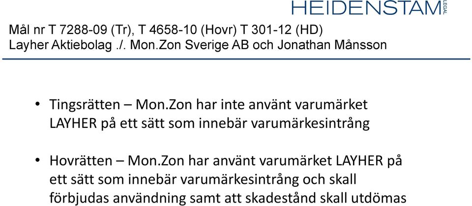 Zon har inte använt varumärket LAYHER på ett sätt som innebär varumärkesintrång Hovrätten