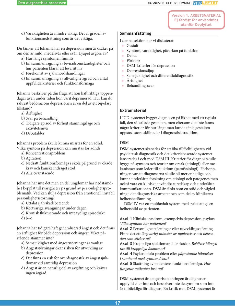 a) Hur länge symtomen funnits b) En sammanvägning av levnadsomständigheter och hur patienten klarar att leva sitt liv c) Förekomst av självmordshandlingar d) En sammanvägning av allvarlighetsgrad och