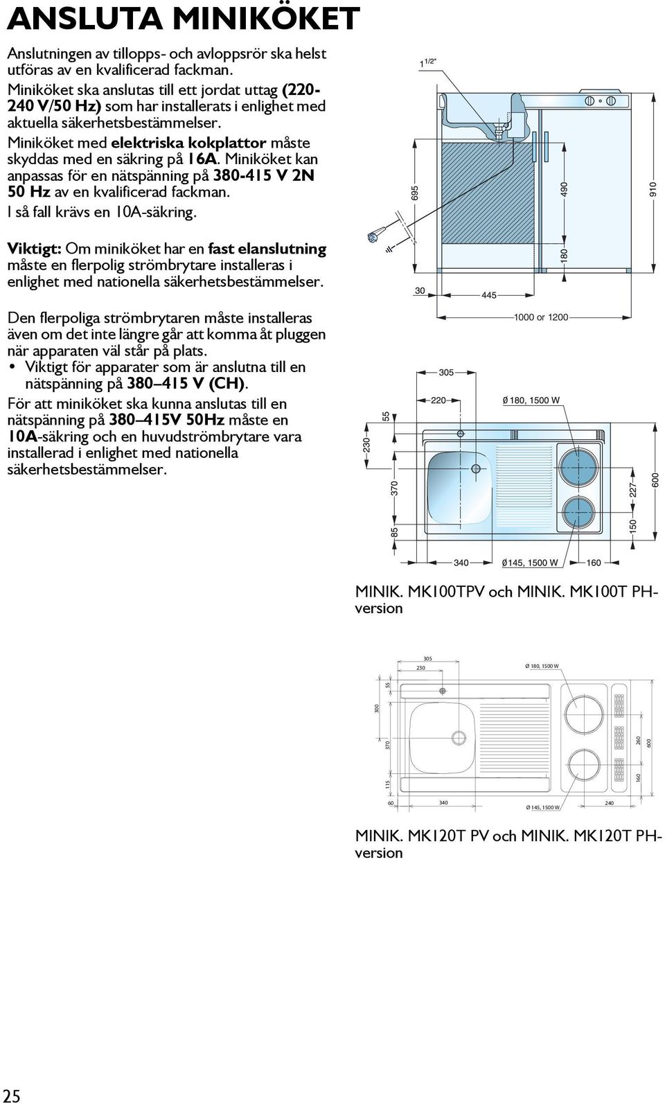 Miniköket med elektriska kokplattor måste skyddas med en säkring på 16A. Miniköket kan anpassas för en nätspänning på 380-415 V 2N 50 Hz av en kvalificerad fackman. I så fall krävs en 10A-säkring.