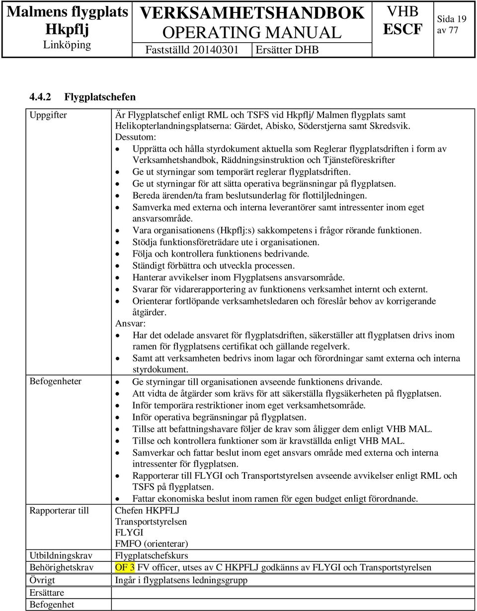 flygplatsdriften. Ge ut styrningar för att sätta operativa begränsningar på flygplatsen. Bereda ärenden/ta fram beslutsunderlag för flottiljledningen.