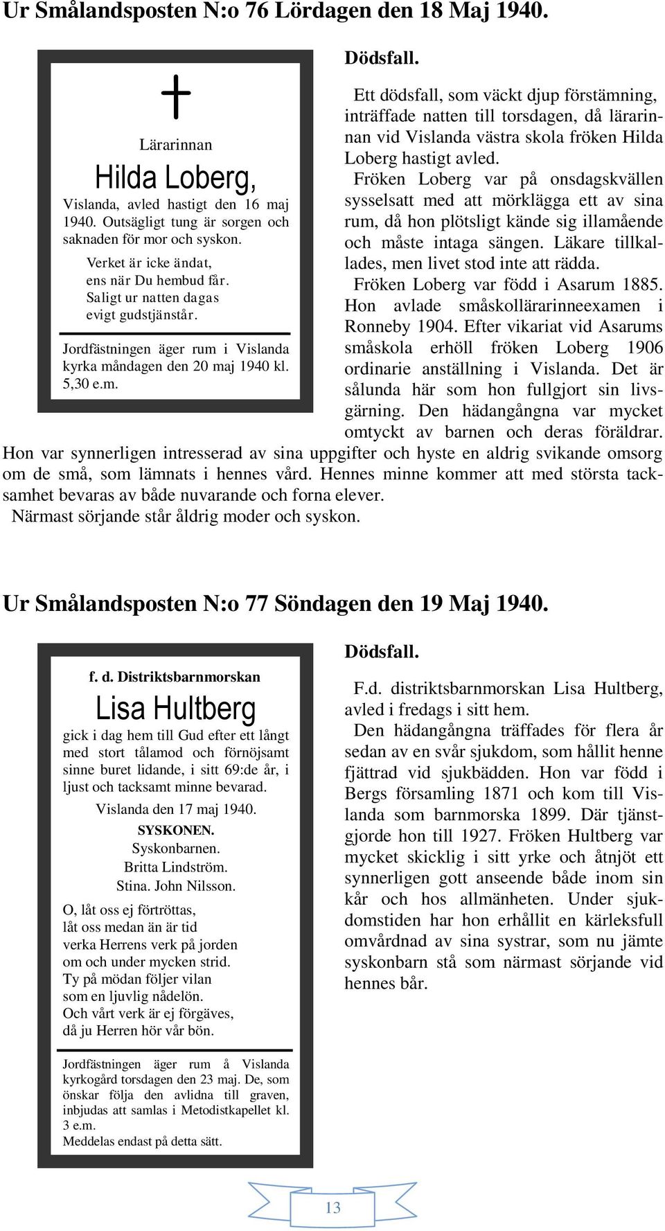 Ett dödsfall, som väckt djup förstämning, inträffade natten till torsdagen, då lärarinnan vid Vislanda västra skola fröken Hilda Loberg hastigt avled.