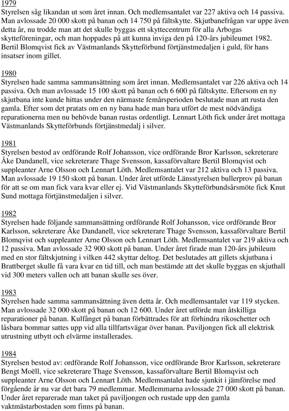 Bertil Blomqvist fick av Västmanlands Skytteförbund förtjänstmedaljen i guld, för hans insatser inom gillet. 1980 Styrelsen hade samma sammansättning som året innan.