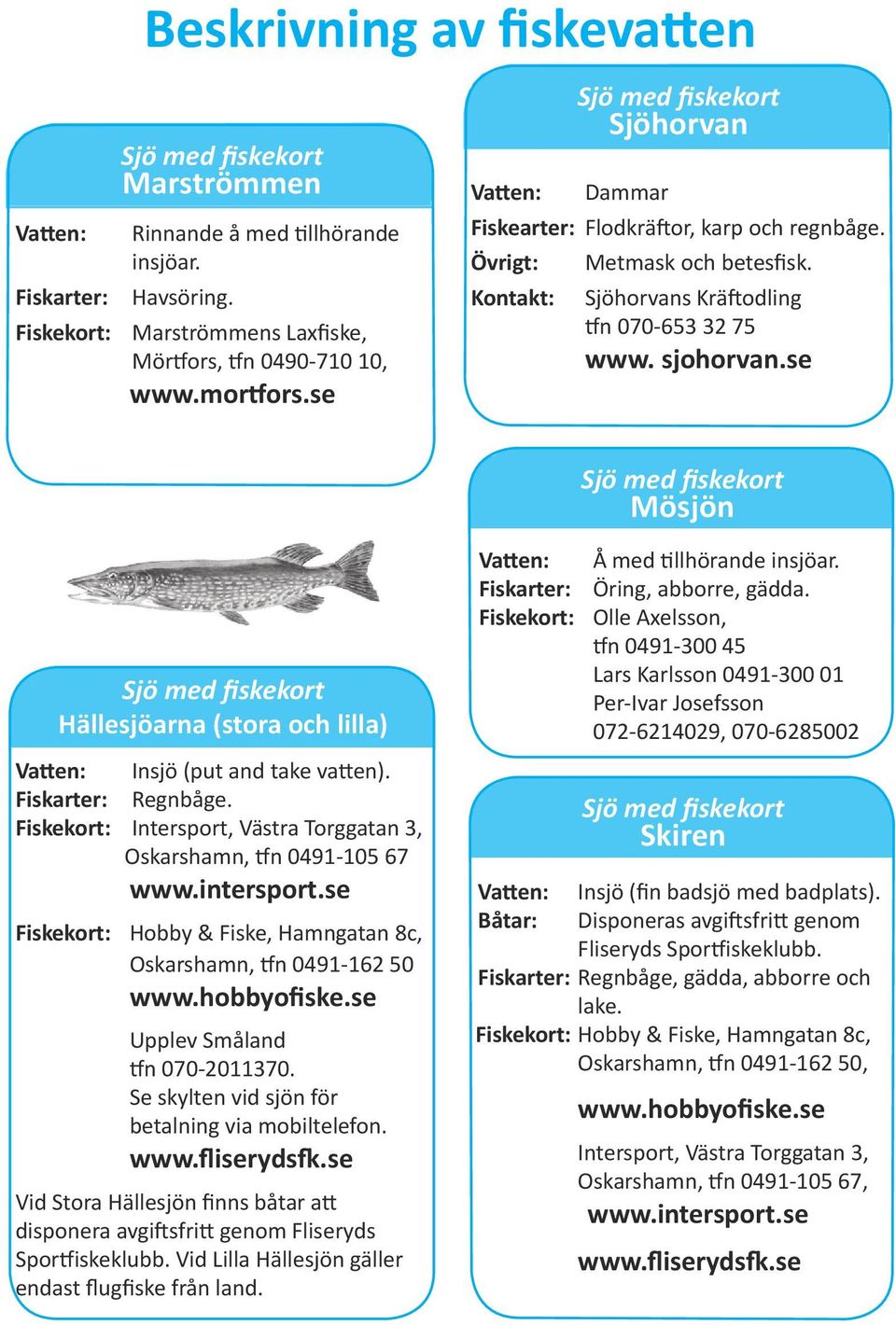 se Mösjön Hällesjöarna (stora och lilla) Vatten: Insjö (put and take vatten). Fiskarter: Regnbåge. Fiskekort: Intersport, Västra Torggatan 3, Oskarshamn, tfn 0491-105 67 www.intersport.