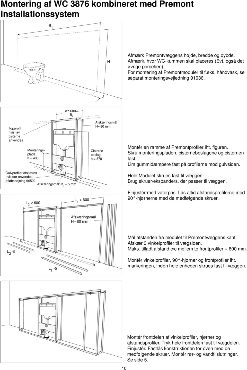 D c/c 600 B 2 Topprofil hvis lav cisterne anvendes Monteringsplade h = 400 Afskæringsmål H 80 mm Cisternebeslag h = 870 Montér en ramme af Premontprofiler iht. figuren.