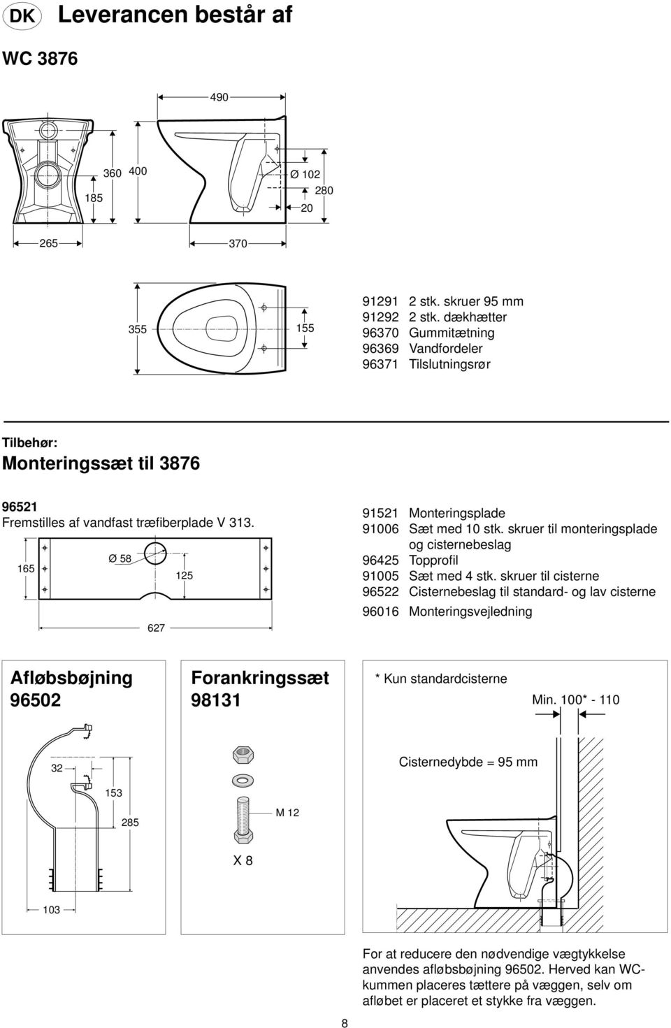 165 Ø 58 627 91521 Monteringsplade 91006 Sæt med 10 stk. skruer til monteringsplade og cisternebeslag 96425 Topprofil 91005 Sæt med 4 stk.