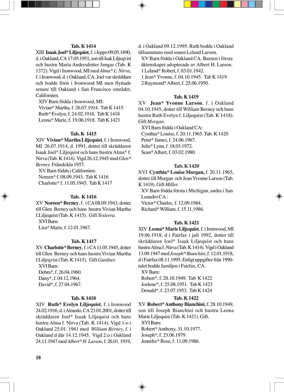 XIV Barn födda i Ironwood, MI: Vivian* Martha, f. 26.07.1914. Tab K 1415 Ruth* Evelyn, f. 24.02.1916. Tab K 1418 Leona* Marie, f. 19.06.1918. Tab K 1421 Tab. K 1415 XIV Vivian* Martha Liljequist, f.