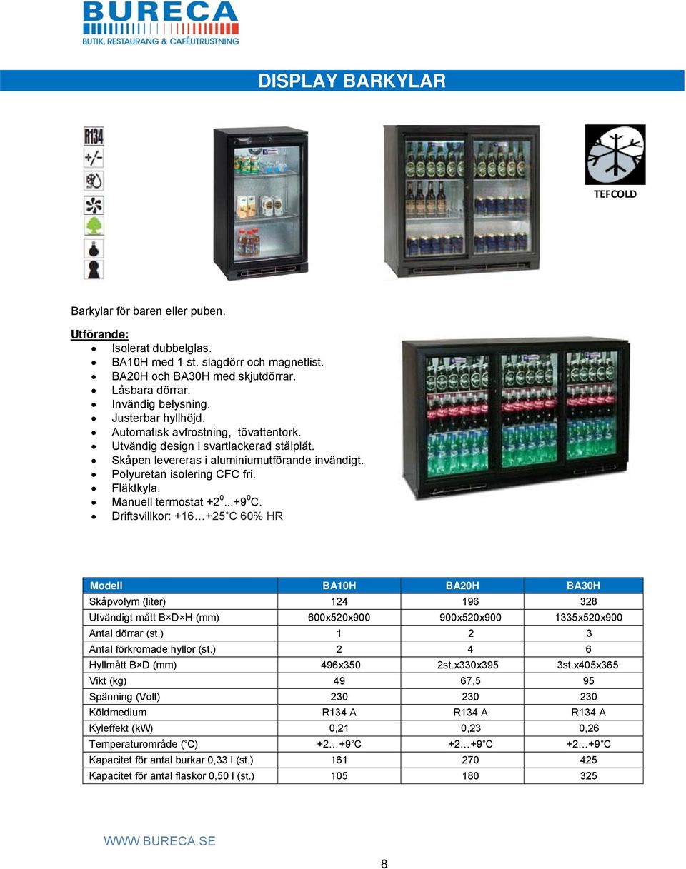 Manuell termostat +2 0...+9 0 C. Driftsvillkor: +16 +25 C 60% HR BA10H BA20H BA30H Skåpvolym (liter) 124 196 328 Utvändigt mått B D H (mm) 600x520x900 900x520x900 1335x520x900 Antal dörrar (st.