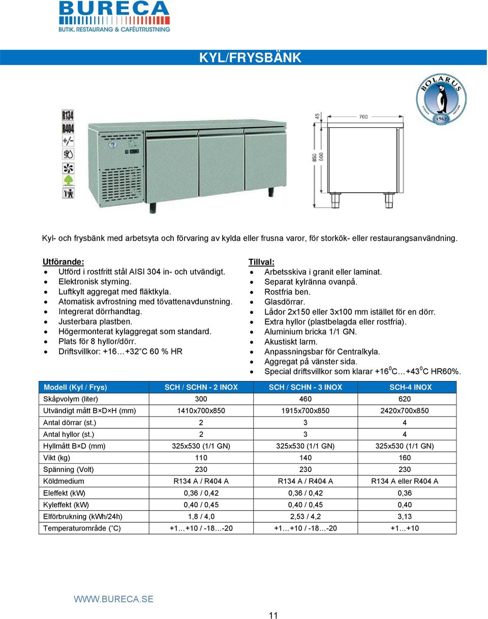 Plats för 8 hyllor/dörr. Driftsvillkor: +16 +32 C 60 % HR Tillval: Arbetsskiva i granit eller laminat. Separat kylränna ovanpå. Rostfria ben. Glasdörrar.