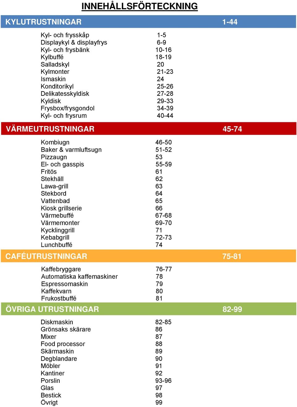 Stekhäll 62 Lawa-grill 63 Stekbord 64 Vattenbad 65 Kiosk grillserie 66 Värmebuffé 67-68 Värmemonter 69-70 Kycklinggrill 71 Kebabgrill 72-73 Lunchbuffé 74 CAFÉUTRUSTNINGAR 75-81 Kaffebryggare 76-77