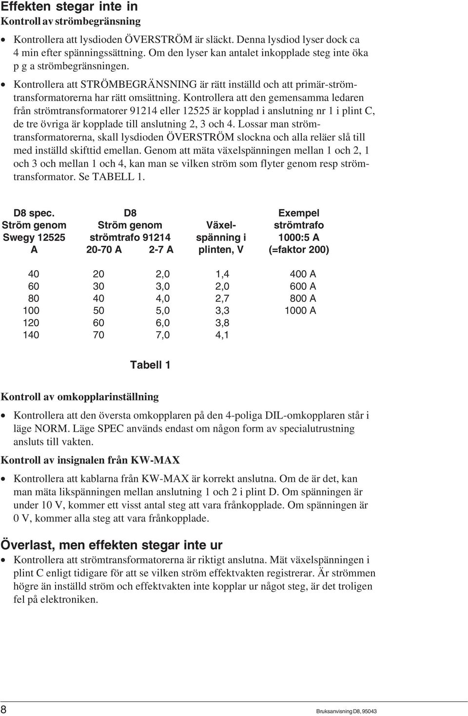 Kontrollera att den gemensamma ledaren från strömtransformatorer 91214 eller 12525 är kopplad i anslutning nr 1 i plint C, de tre övriga är kopplade till anslutning 2, 3 och 4.