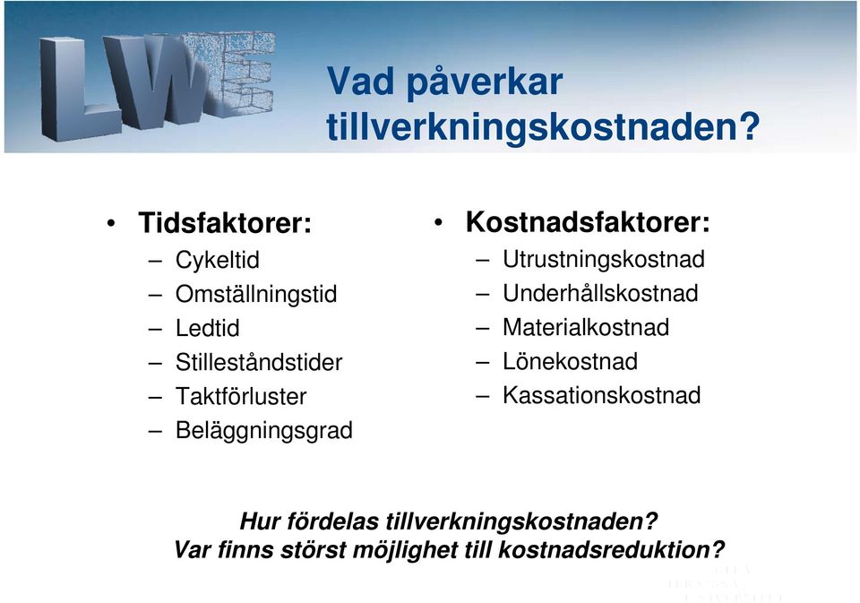 Beläggningsgrad Kostnadsfaktorer: Utrustningskostnad Underhållskostnad