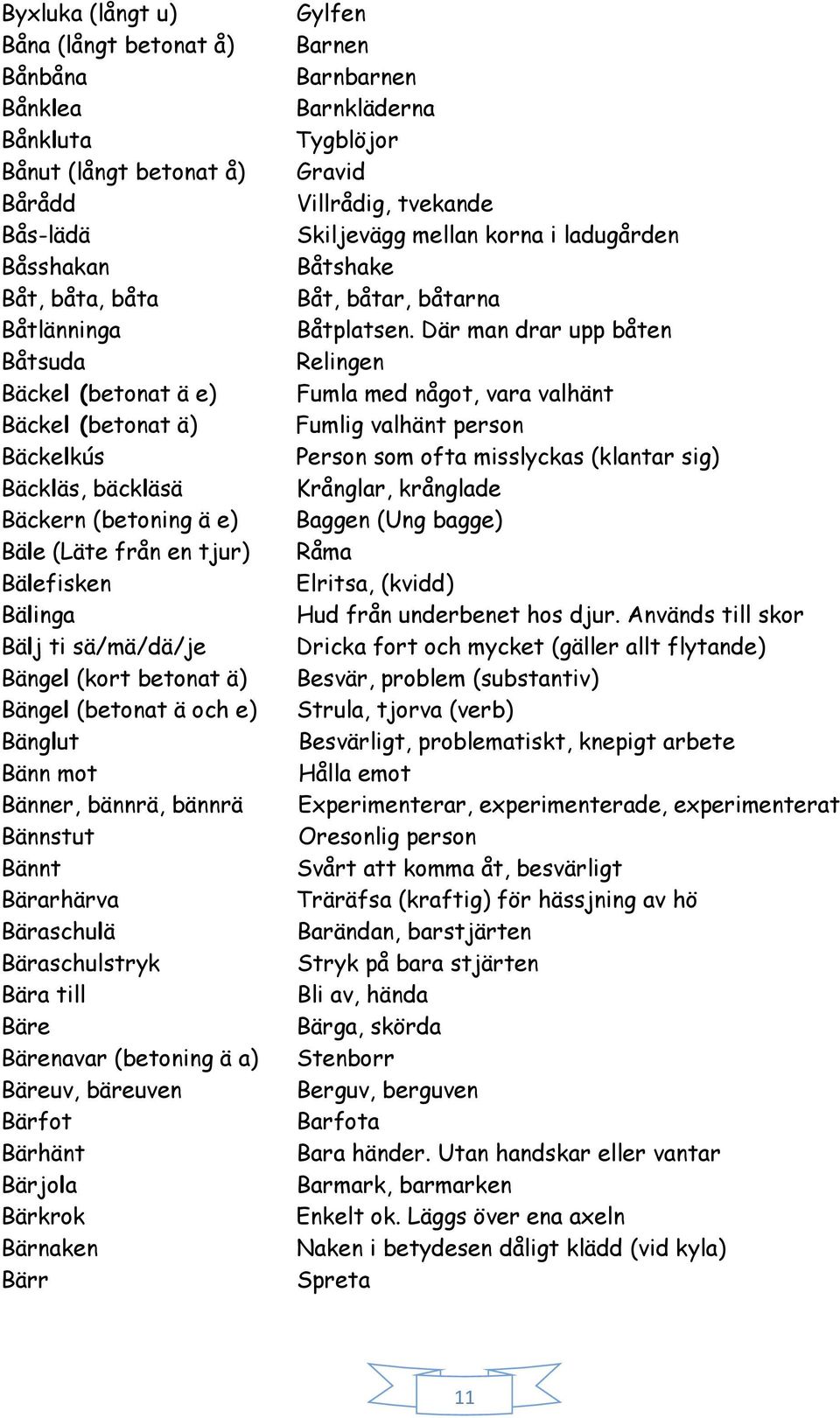 bännrä Bännstut Bännt Bärarhärva Bäraschulä Bäraschulstryk Bära till Bäre Bärenavar (betoning ä a) Bäreuv, bäreuven Bärfot Bärhänt Bärjola Bärkrok Bärnaken Bärr Gylfen Barnen Barnbarnen Barnkläderna