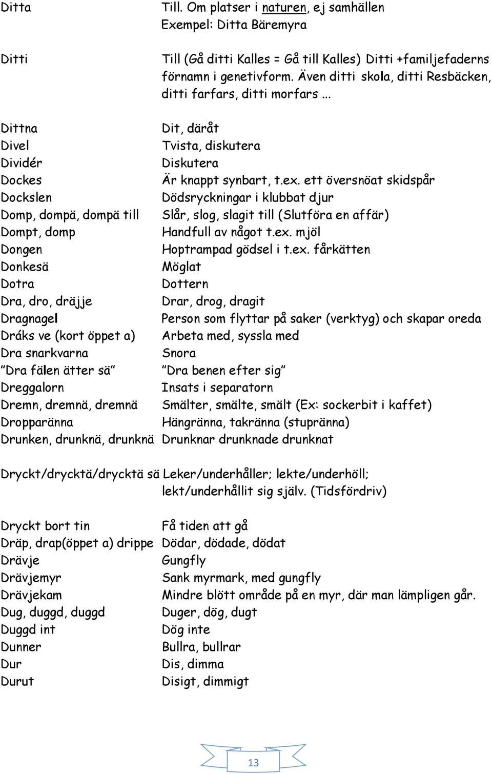 ett översnöat skidspår Dockslen Dödsryckningar i klubbat djur Domp, dompä, dompä till Slår, slog, slagit till (Slutföra en affär) Dompt, domp Handfull av något t.ex. mjöl Dongen Hoptrampad gödsel i t.