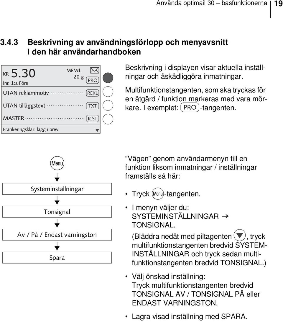 Multifunktionstangenten, som ska tryckas för en åtgärd / funktion markeras med vara mörkare. I exemplet: -tangenten.