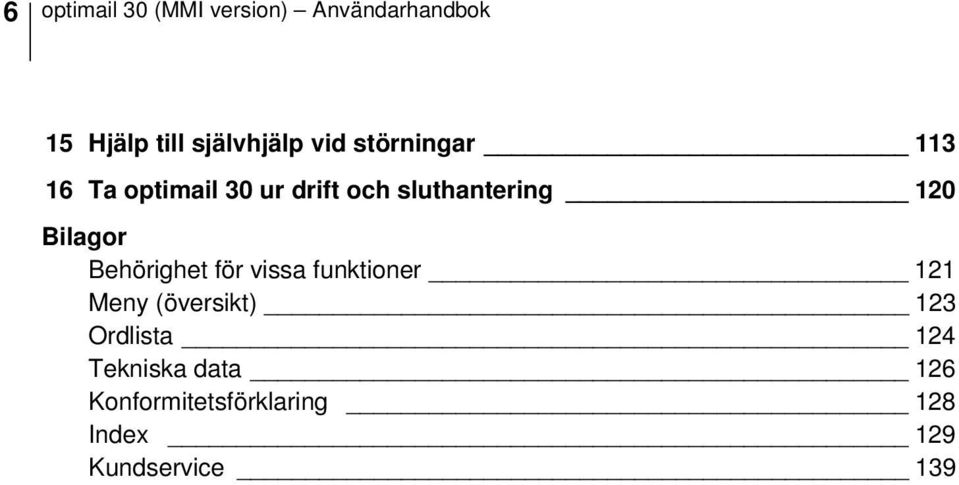 Bilagor Behörighet för vissa funktioner 121 Meny (översikt) 123