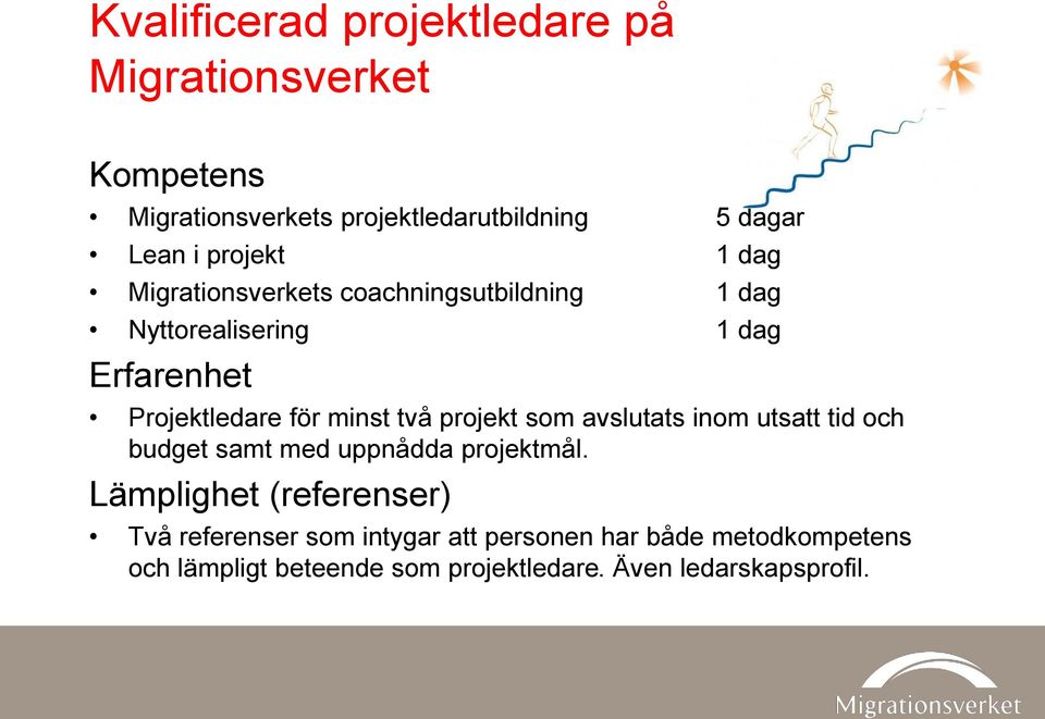 minst två projekt som avslutats inom utsatt tid och budget samt med uppnådda projektmål.