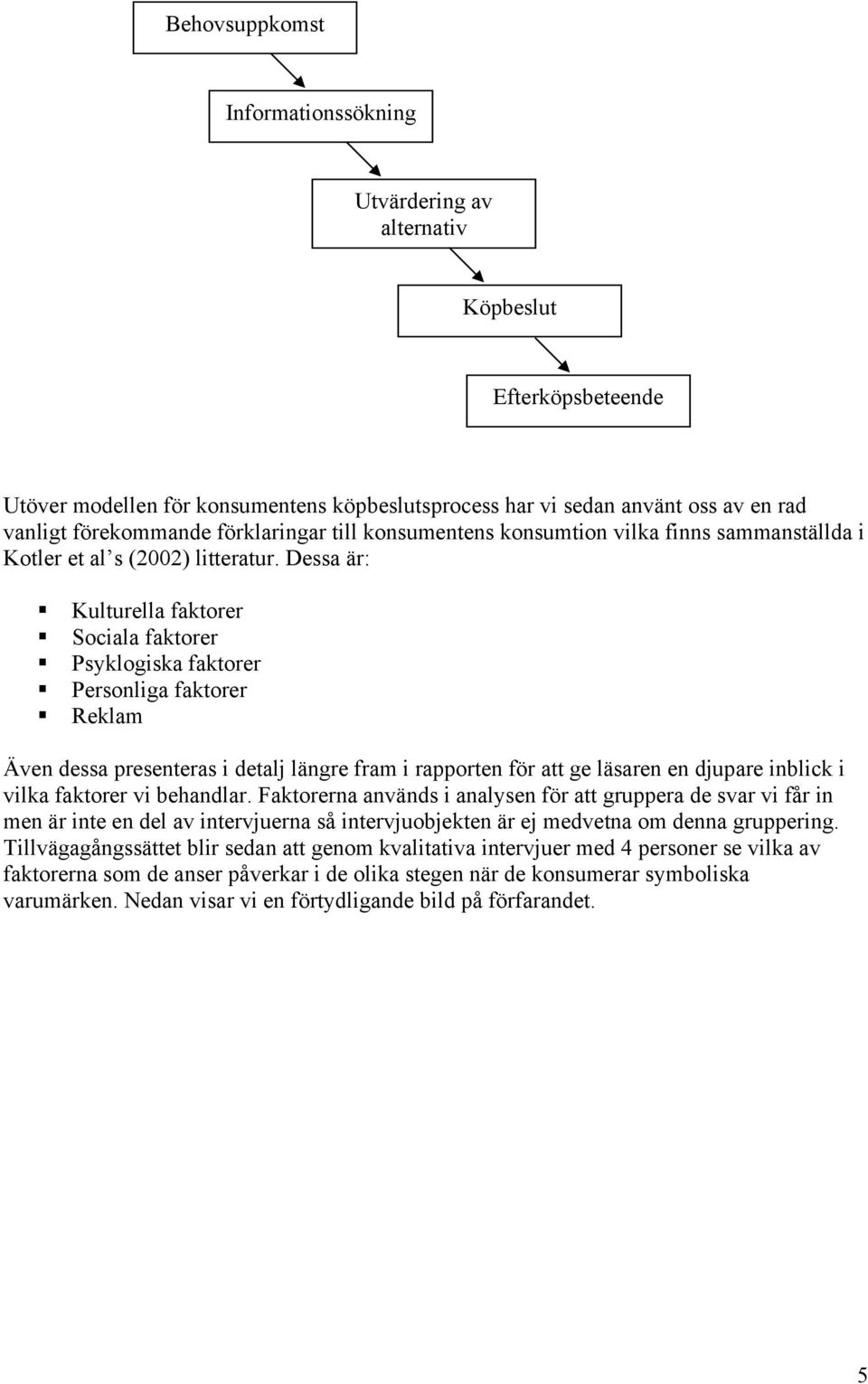 Dessa är: Kulturella faktorer Sociala faktorer Psyklogiska faktorer Personliga faktorer Reklam Även dessa presenteras i detalj längre fram i rapporten för att ge läsaren en djupare inblick i vilka