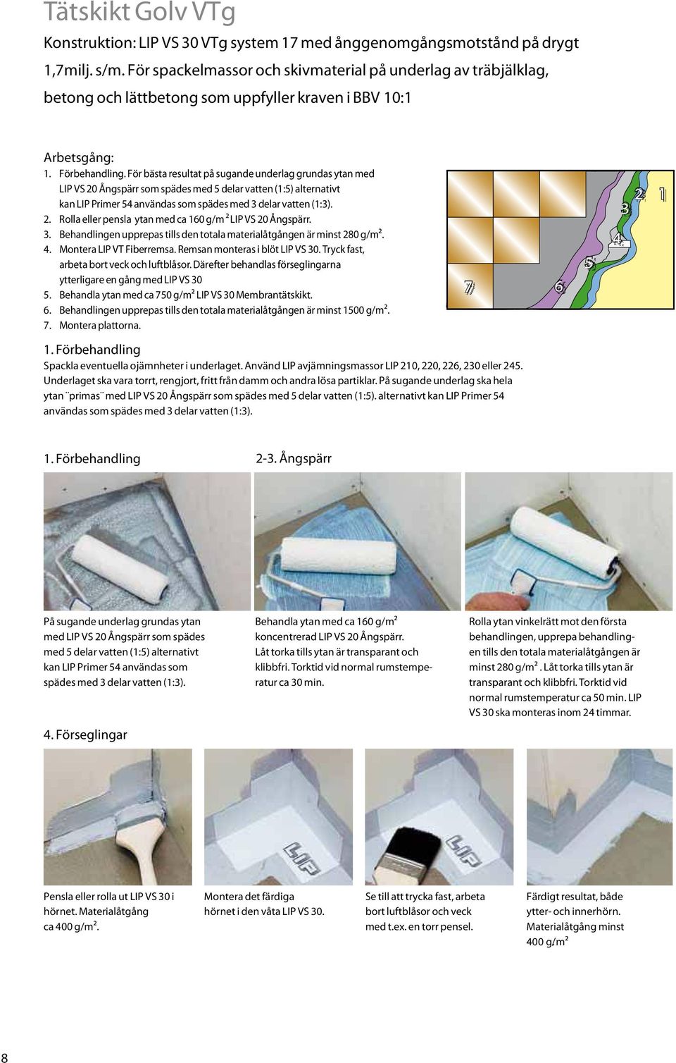 För bästa resultat på sugande underlag grundas ytan med LIP VS 0 Ångspärr som spädes med delar vatten (:) alternativt kan LIP Primer användas som spädes med delar vatten (:).