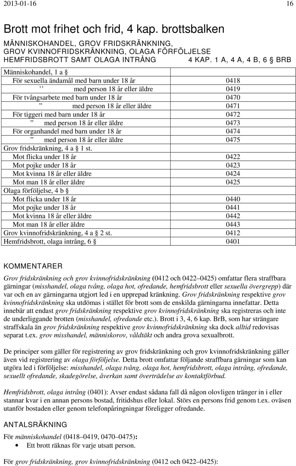 För tiggeri med barn under 18 år 0472 med person 18 år eller äldre 0473 För organhandel med barn under 18 år 0474 med person 18 år eller äldre 0475 Grov fridskränkning, 4 a 1 st.