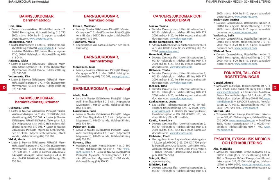Barnläkarstation Mehiläinen Tölö, Norra Hesperiagatan 17, 00260 Helsingfors, tidsbeställning 010 414 0414. Rajantie, Jukka Lasten ja Nuorten lääkäriasema Pikkujätti Myyrmäki, Stenflisgränden 3, 3 vån.