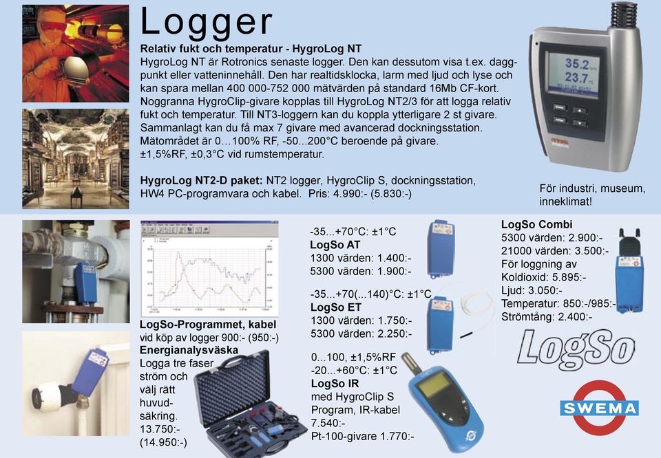 Noggranna HygroClip-givare kopplas till HygroLog NT2/3 för att logga relativ fukt och temperatur. Till NT3-loggern kan du koppla ytterligare 2 st givare.