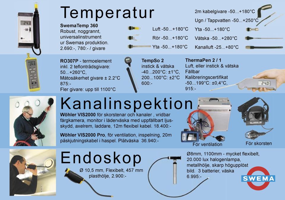 2 C 875:- Fler givare: upp till 1100 C TempSo 2 instick & vätska -40...200 C: ±1 C, 200...100 C: ±2 C 600:- ThermaPen 2 / 1 Luft, eller instick & vätska Fällbar Kalibreringscertifi kat -50.