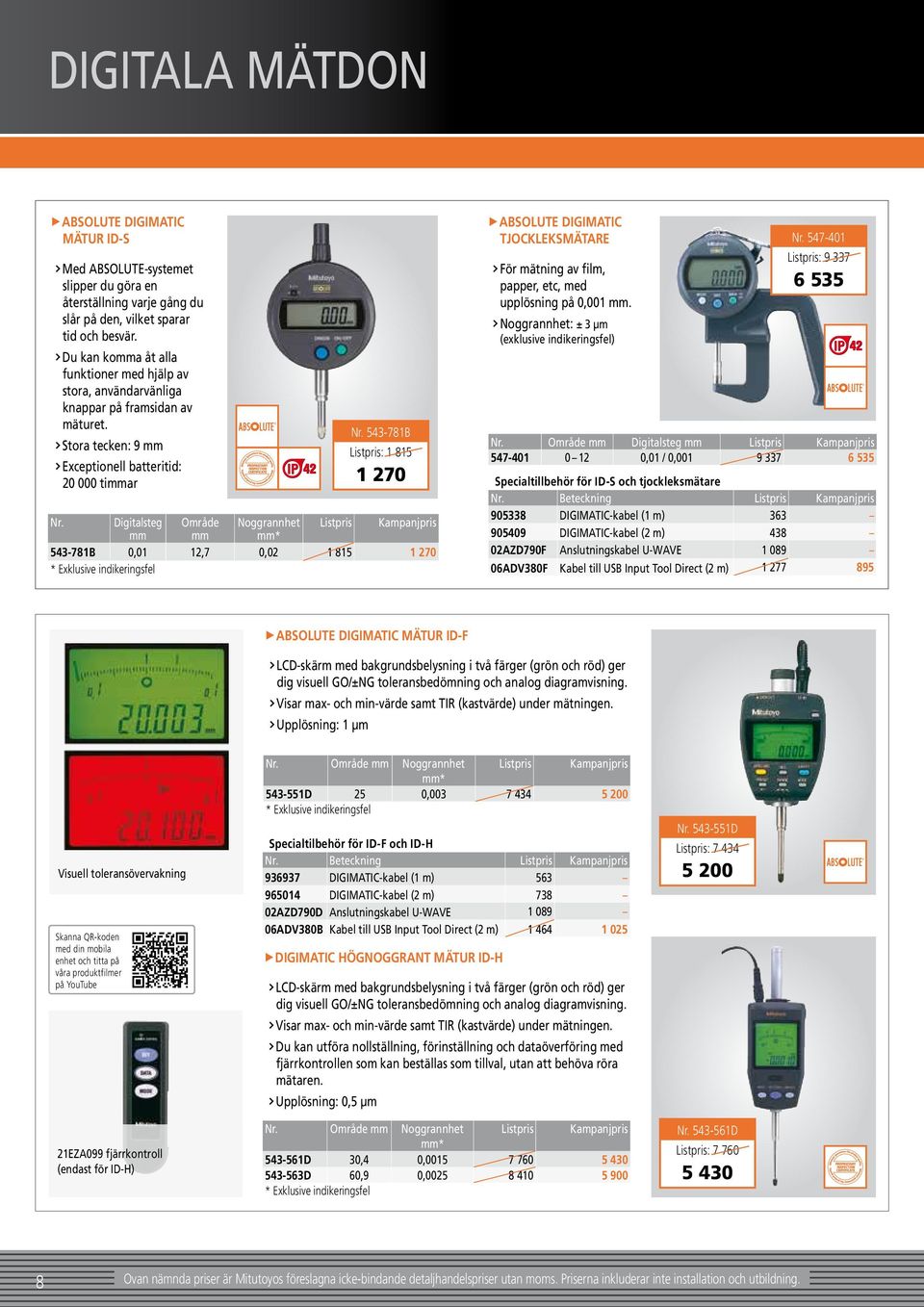 Digitalsteg Område Noggrannhet Listpris Kampanjpris mm mm mm* 543-781B 0,01 12,7 0,02 1 815 1 270 ABSOLUTE DIGIMATIC TJOCKLEKSMÄTARE För mätning av film, papper, etc, med upplösning på 0,001 mm.