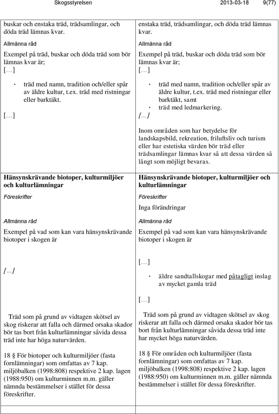 enstaka träd, trädsamlingar, och döda träd lämnas kvar. Allmänna råd Exempel på träd, buskar och döda träd som bör lämnas kvar är; [ ] träd med namn, tradition och/eller spår av äldre kultur, t.ex.