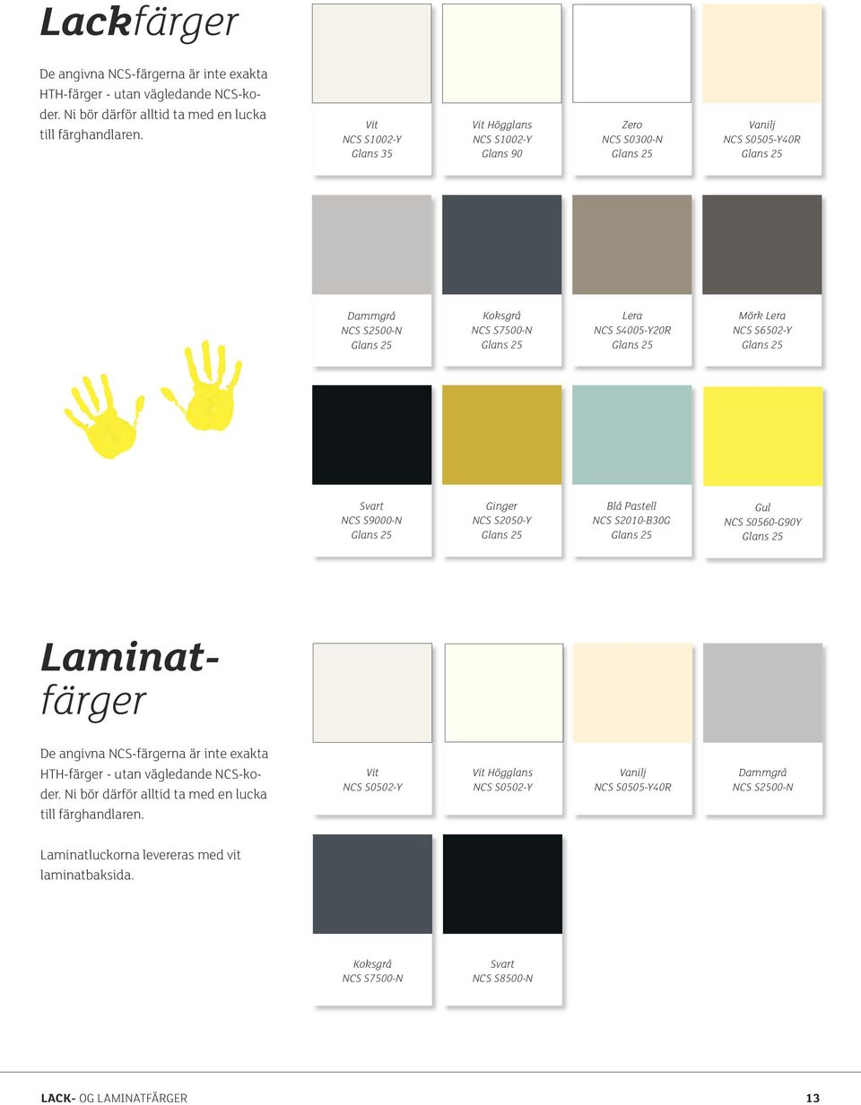 25 Mörk Lera NCS S6502-Y Glans 25 Svart NCS S9000-N Glans 25 Ginger NCS S2050-Y Glans 25 Blå Pastell NCS S2010-B30G Glans 25 Gul NCS S0560-G90Y Glans 25 Laminatfärger De angivna NCS-färgerna är inte