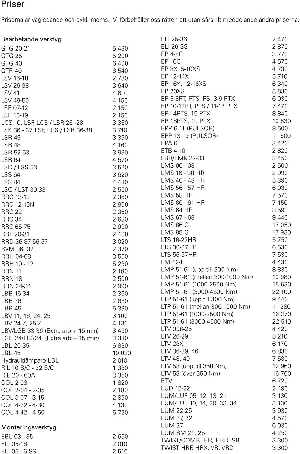 360 LSK 36-37, LSF, LCS / LSR 36-38 3 740 LSR 43 3 390 LSR 48 4 160 LSR 52-53 3 930 LSR 64 4 570 LSD / LSS 53 3 520 LSS 64 3 620 LSS 84 4 430 LSO / LST 30-33 2 550 RRC 12-13 2 360 RRC 12-13N 2 800