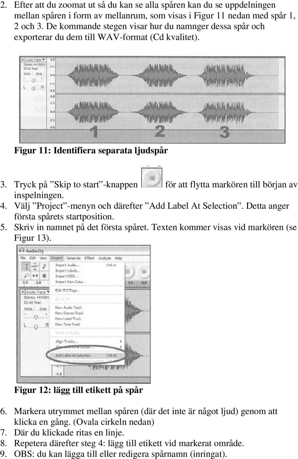 Tryck på Skip to start -knappen för att flytta markören till början av inspelningen. 4. Välj Project -menyn och därefter Add Label At Selection. Detta anger första spårets startposition. 5.