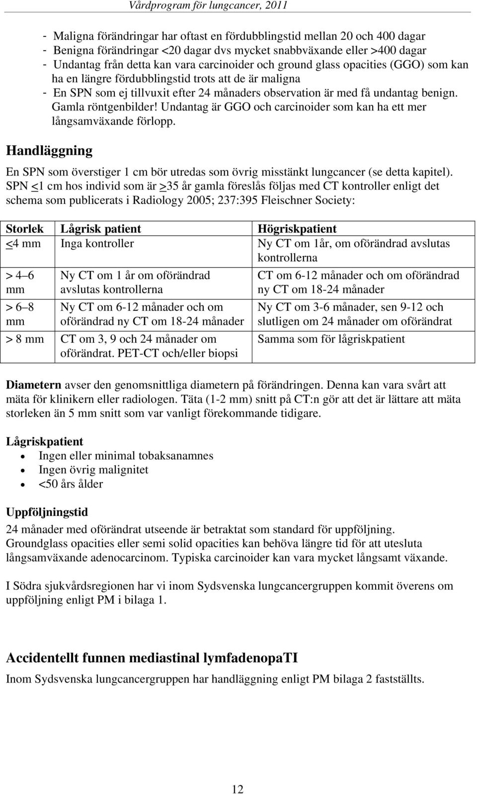 Undantag är GGO och carcinoider som kan ha ett mer långsamväxande förlopp. Handläggning En SPN som överstiger 1 cm bör utredas som övrig misstänkt lungcancer (se detta kapitel).