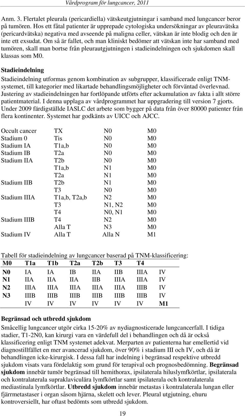 Om så är fallet, och man kliniskt bedömer att vätskan inte har samband med tumören, skall man bortse från pleurautgjutningen i stadieindelningen och sjukdomen skall klassas som M0.