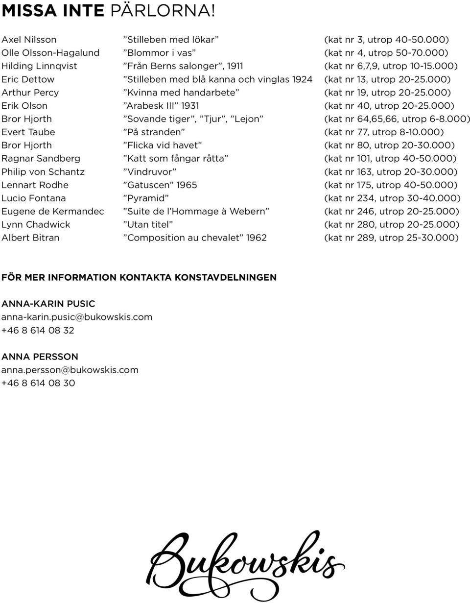 000) Arthur Percy Kvinna med handarbete (kat nr 19, utrop 20-25.000) Erik Olson Arabesk III 1931 (kat nr 40, utrop 20-25.000) Bror Hjorth Sovande tiger, Tjur, Lejon (kat nr 64,65,66, utrop 6-8.