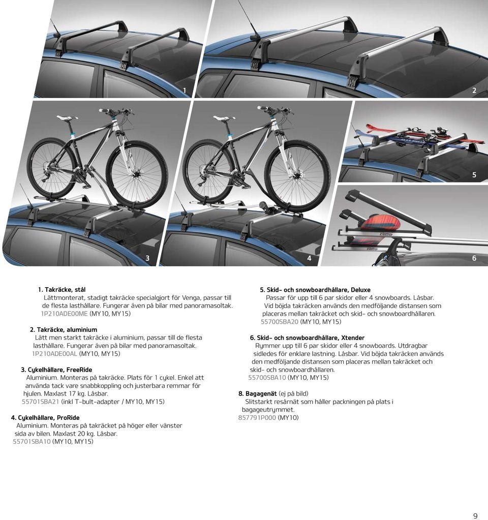 Monteras på takräcke. Plats för 1 cykel. Enkel att använda tack vare snabbkoppling och justerbara remmar för hjulen. Maxlast 17 kg. Låsbar. 55701SBA21 (inkl T-bult-adapter / MY10, MY15) 4.
