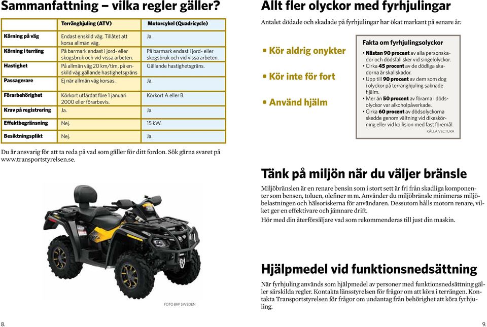 På barmark endast i jord- eller skogsbruk och vid vissa arbeten. På allmän väg 20 km/tim, på enskild väg gällande hastighetsgräns Ej när allmän väg korsas.